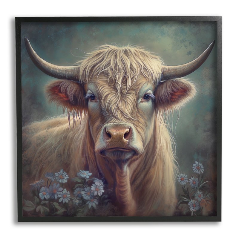 Highland Cow with Daisies White Framed Art Print