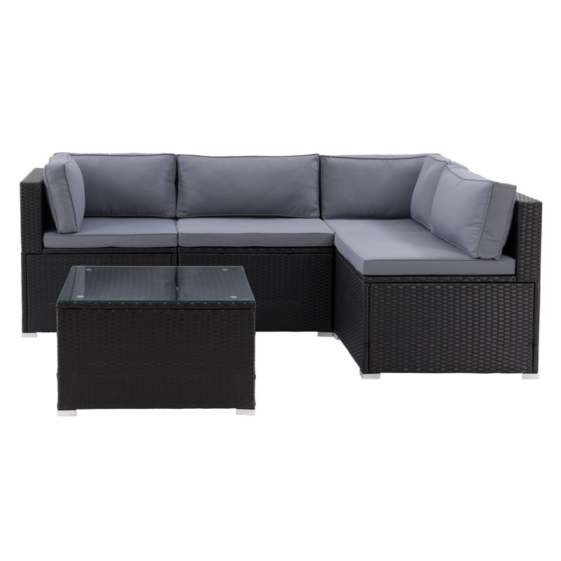 Ensemble de conversation modulaire en rotin 5 pièces avec coussins Newburyport, Gris, Noir