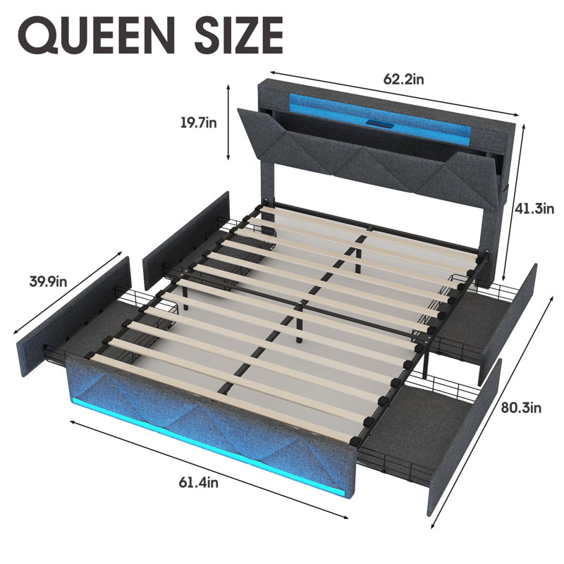 Structure de lit avec tête de lit avec rangement et 4 tiroirs, Grand, gris