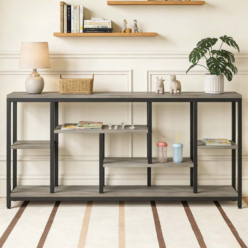 Entryway Sofa Table with Storage Shelves, Gray & Black
