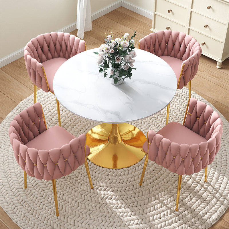 Ensemble de salle à manger à piédestal rond avec chaise tissée, Rose