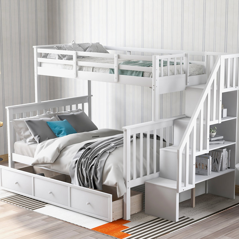 Lit superposé simple avec escalier et tiroir, finition blanche, convient aux soirées pyjama dans la chambre à coucher, espace de rangement maximisé, structure en pin massif, conception sécuritaire, couleur d'escalier requise, utilisation idéale pour