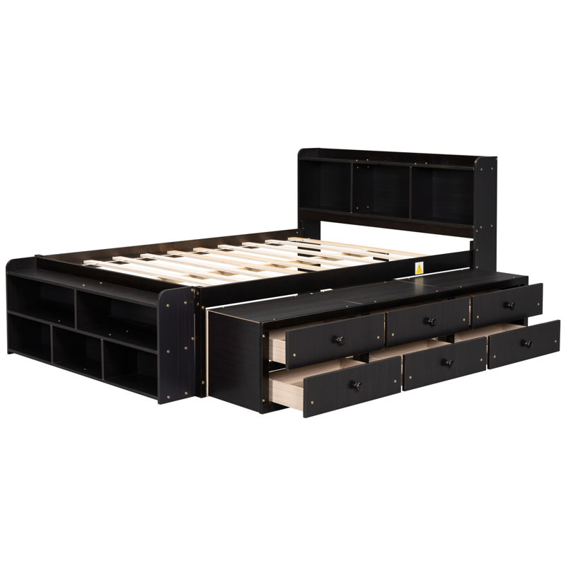 Lit double avec tête de lit bibliothèque et grand espace de rangement sous la plateforme, Espresso