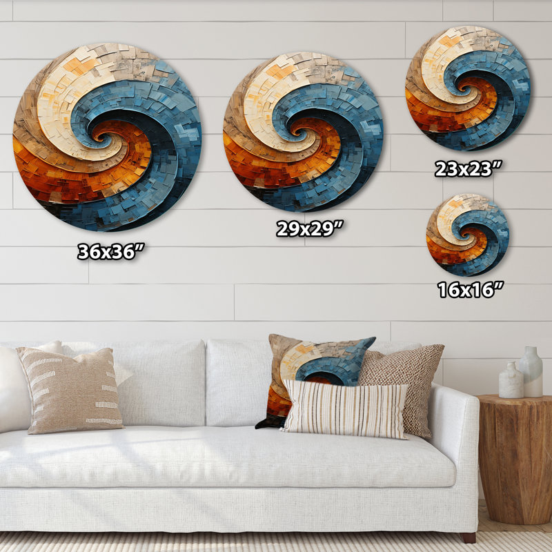 Blue and Orange Collaged Spiral - Abstract Round Print on Metal Art, Round Wall art Print (No Texture), 23" H x 23" W x 1" D