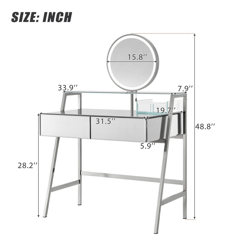 33.9" Mirrored Makeup Vanity Desk With Mirror And Lights, Mirrored Console Vanity Table With 2 Big Drawers & Open Shelf, Dressing Table With Charging Station For Bedroom, Silver