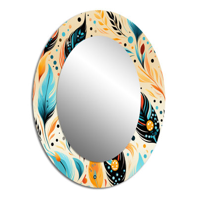 Romyna Yellow And Blue Eclectic Boho Feather - boho  Decorative Mirror, Boho Large Wall Mirror, Printed Metal Art
