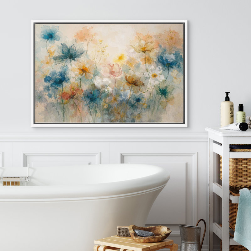 «Soft Pastel Wildflower Garden Abstract Floral Wall Art Decor», reproduction d'art sur toile tendue, H 16 po x l 24 po, Blanc