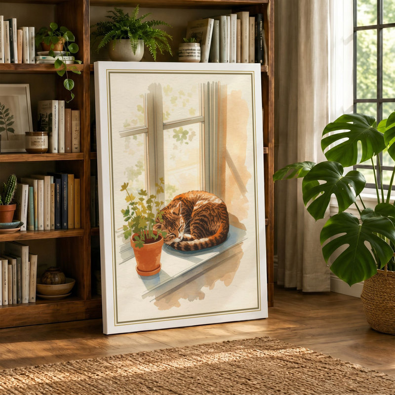 Cat in Morning Light Boho - Wrapped Canvas, 36x24 - 91.4 x 61.0 cm, Sage Border