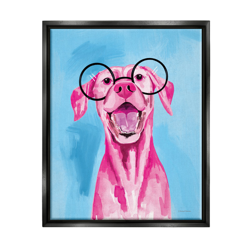 «Happy Dog» rose et bleu encadré sur bois par Rachel Nieman, peinture, H 21 po x l 17 po x P 1,7 po
