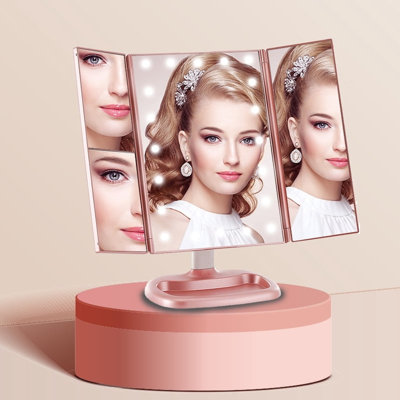 Tri-Fold Lighted Makeup Mirror with 22 LED Lights Touch Sensor Dimmer 1x 2x 3x 10x Magnification 180-Degree Rotation Dual USB or Battery Power Gold