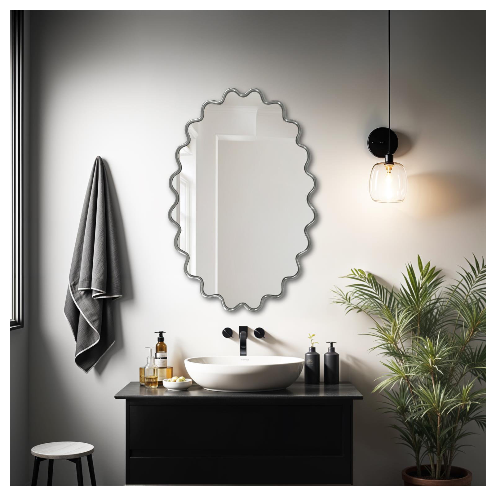 Modern Wavy Framed Oval Wall Mirror, Gray