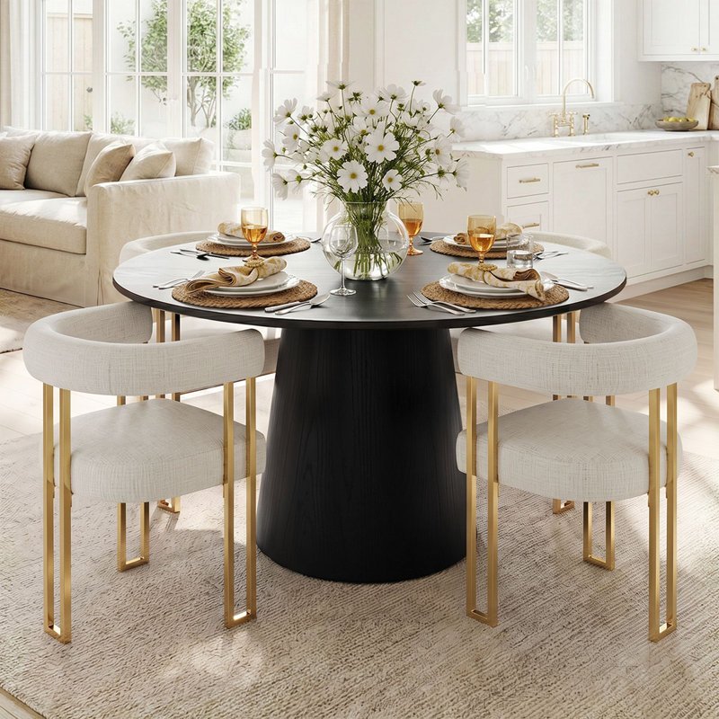 Bingham 4 - Person Dining Table Sets With 52'' Round Table & 4 Upholstered Chenille Gold Chairs