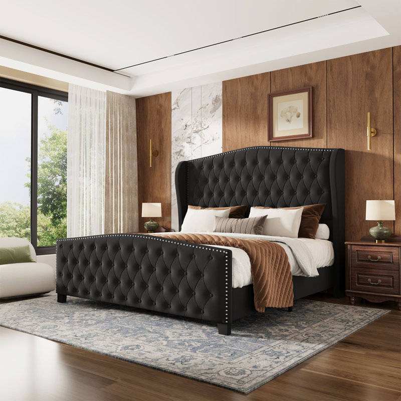 King Size Platform Bed With Upholstered Headboard & Footboard, Black, Black, King