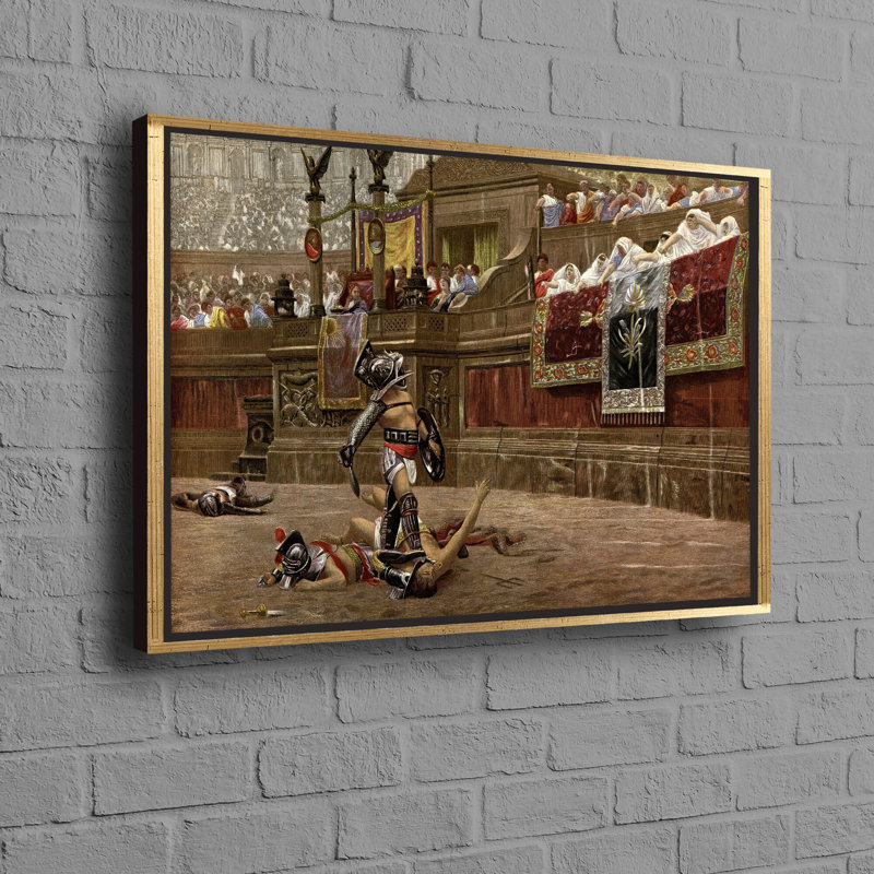 Gladiator Fights In Ancient Rome Art Canvas Wall Hanging For Modern Home Decor, 45" H x 100" W, Framed Print without Mat
