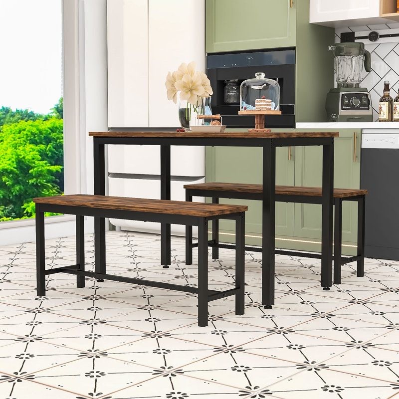 Ensemble de table à manger compacte 3 pièces pour 4 personnes - Bancs escamotables pour petits espaces, Brun rustique