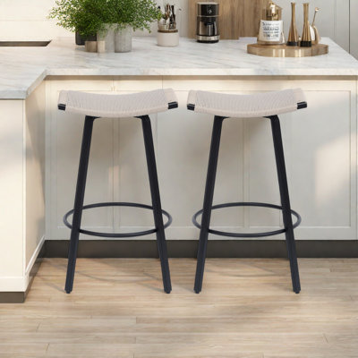 Counter Height Backless Bar Stools With Handwoven Pvc Seat And Metal Frame, Set Of 2