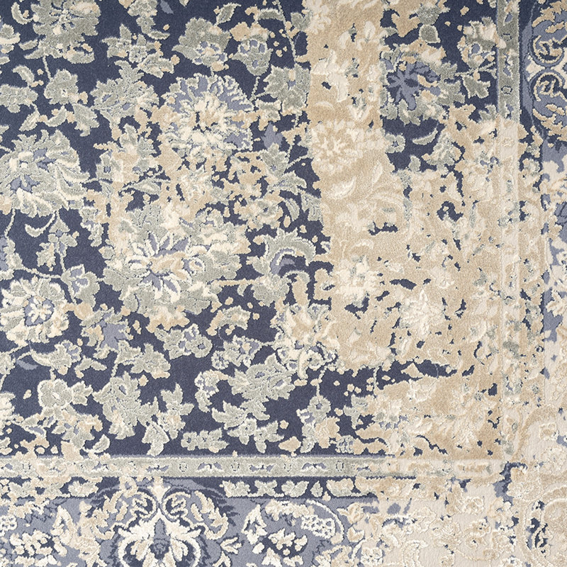 Tapis bleu / gris à motif floral Ophelia Lux, Rectangle 8 pi 11 po x 11 pi 11 po
