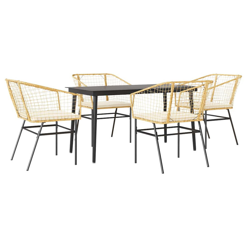 Ensemble repas de patio avec coussins en verre et poly rotin, H 29,1 po x l 27,6 po x L 55,1 po, Blanc / Brun, 4