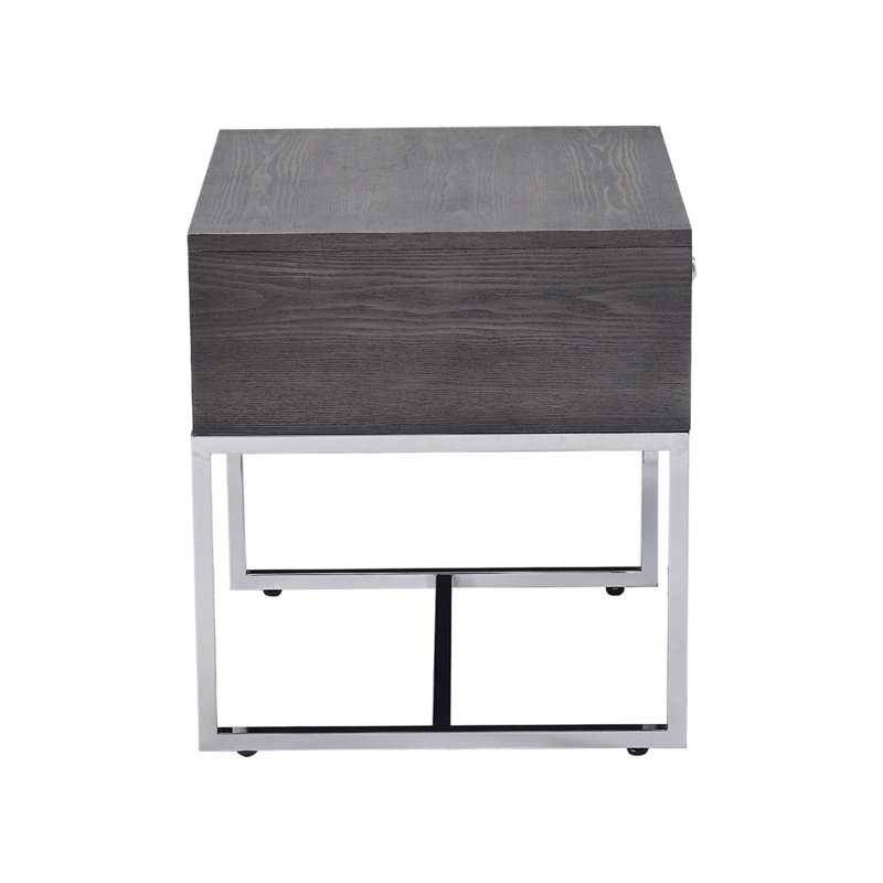 Table de bout rectangulaire avec 1 tiroir, chêne gris et chrome
