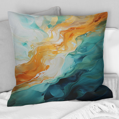 Yellow Teal Abstract Fractal Infinite Ripples - Fractals Printed Throw Pillow