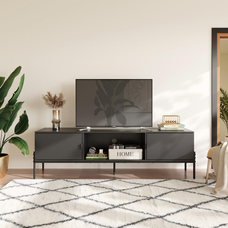 TV Stand for 65 Inch TV, Mid Century Modern Entainment Center with 2 Storage Cabinets & Open Shelf, TV Console Table Media with Metal Legs for Living Room, Bedroom