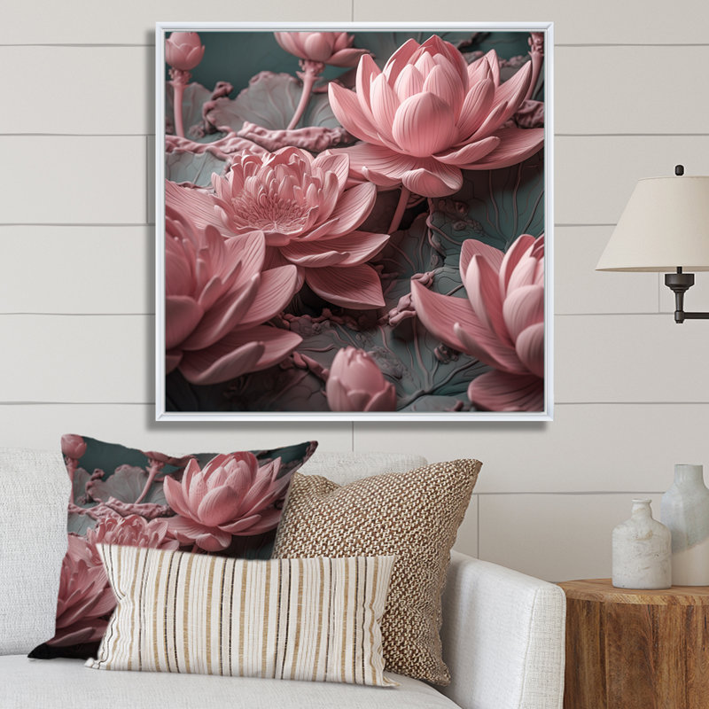 Fleur de lotus rose délicat sur toile, Cadre flottant blanc, H 24 po x l 24 po x P 1 po