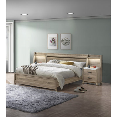 Grand lit 1pc avec finition en bois naturel, aucun sommier requis, cadre de lit rustique moderne