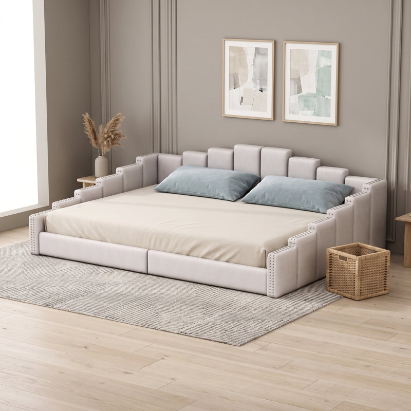 Lit de jour grand en velours avec lattes, Beige