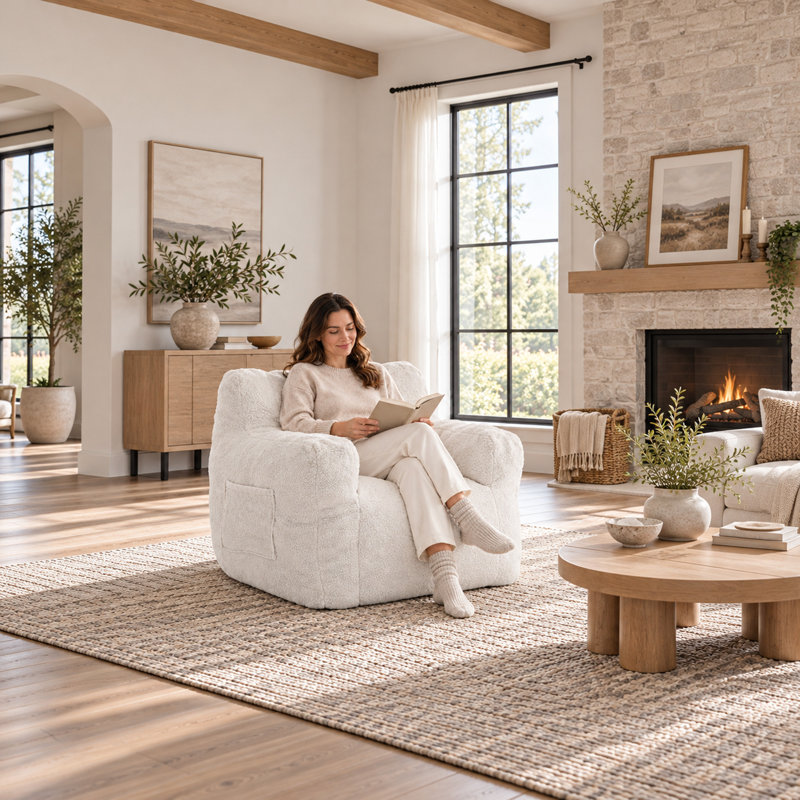 Compression 37"W Soft Teddy Adult Foam Filled Bean Bag Chairs,Ivory White, White Teddy