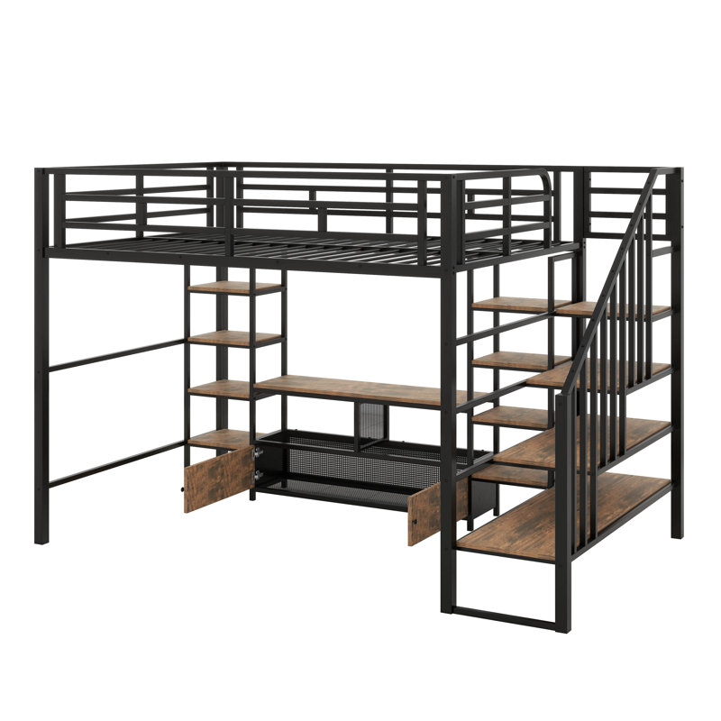 Lit mezzanine double avec escalier, structure de lit mezzanine en métal avec table de rangement basse et tablettes, Noir