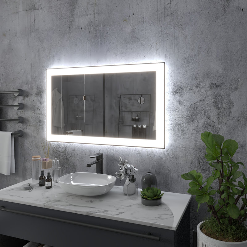 Miroir de salle de bain mural à DEL antibuée avec cadre rectangulaire noir avec fonctions de rétroéclairage et d'éclairage avant