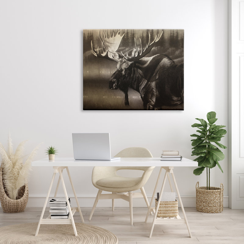 «Rustic Moose In Shadows Deep Forest Portrait Gray Farmhouse», estampe numérique encadrée, art texturé par Cole Johnson