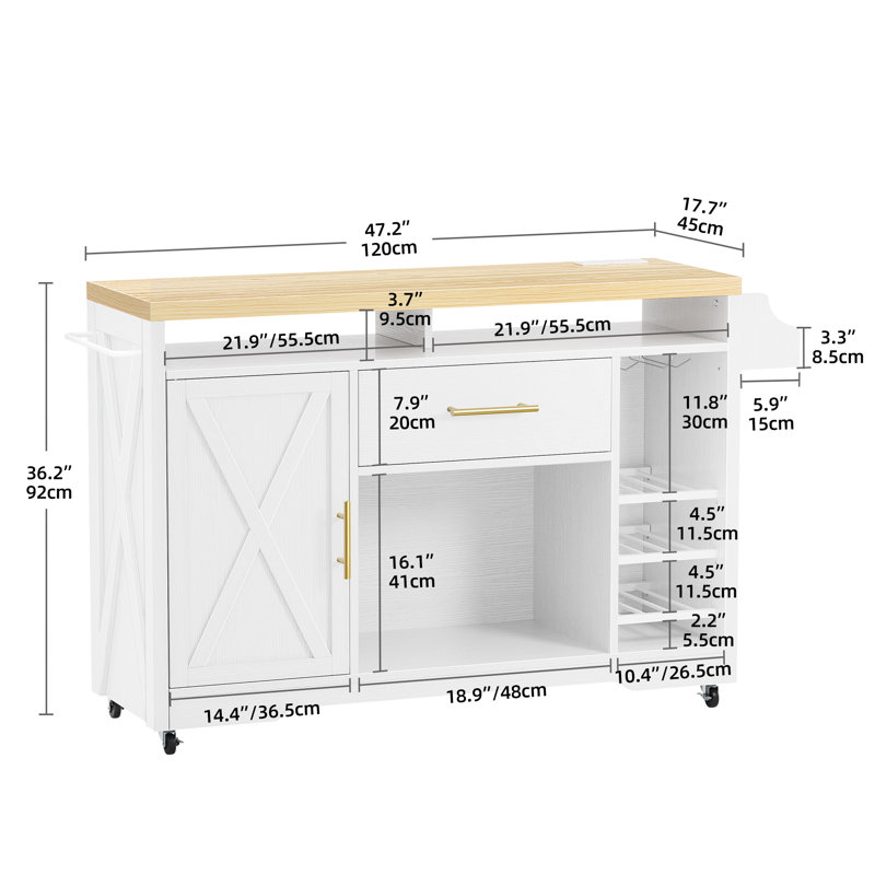 Nixon 53" Rolling Kitchen Cart Island with Solid Wood Tabletop & Power Outlets, White