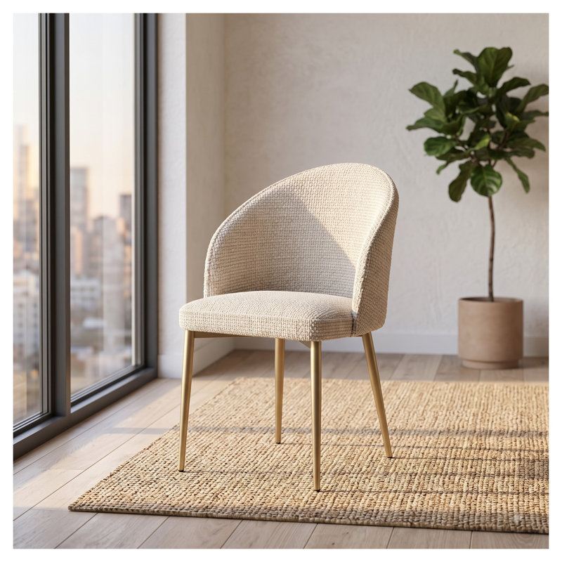 Ensemble de 2 chaises d'appoint Callista Champagne, dossier arrondi, pattes en métal doré et coussins en mousse pour salle à manger.