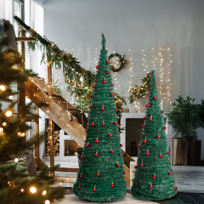 2 arbres de Noël artificiels - arbres verts en PVC de 6 pi et 5 pi avec des boules rouges, idéal pour les décorations des Fêtes à la maison / au bureau / en magasin