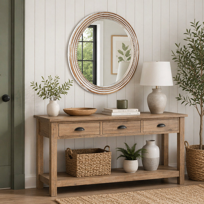 Rustic Round Wall Mirror, 27.56"