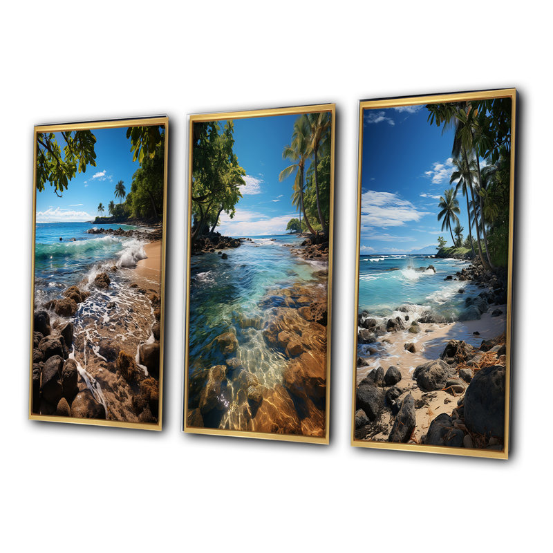 «Beach Photo Tropical Paradise», 3 pièces sur toile, Encadrement doré, H 32 po x l 48 po