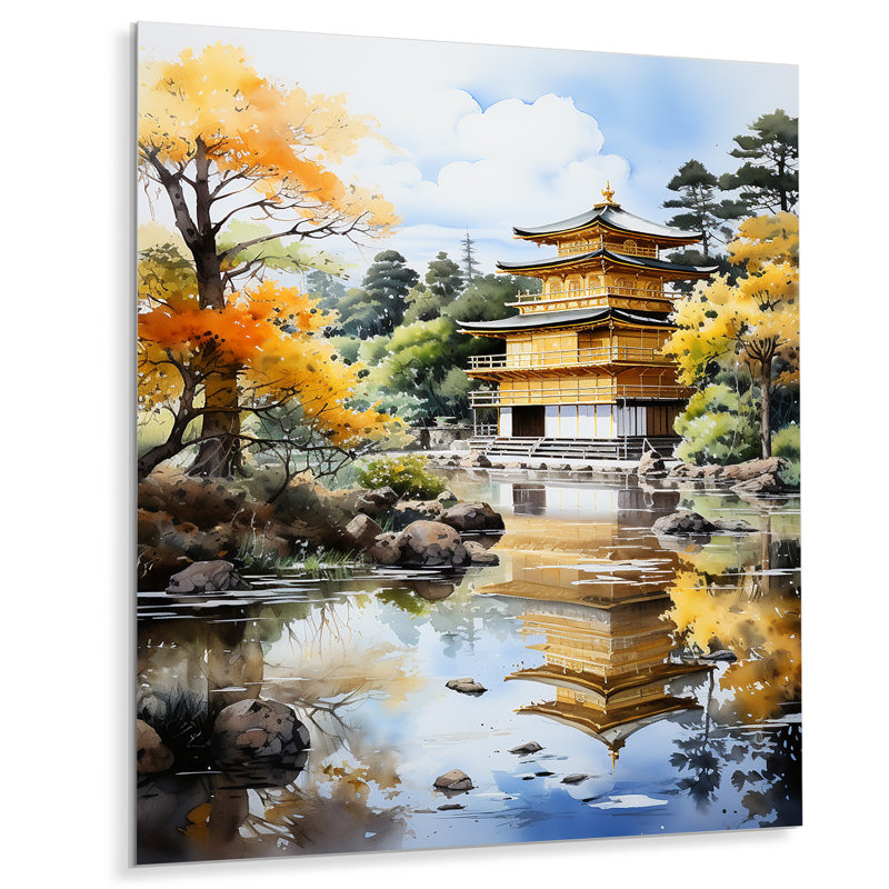 Japon Art Golden Pavilion I - Décoration murale japonaise en métal, H 32 po x l 24 po x P 1 po