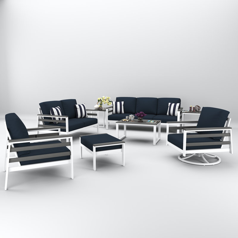 Townsend 7 Person Seating Group With Sunbrella Cushions, Gray, Canvas Navy