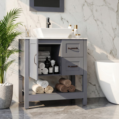  Ensemble de meuble-lavabo et lavabo sur pied 30 po avec miroir, robinet et drain, comptoir en marbre, armoire en panneau de fibres à densité moyenne, gris