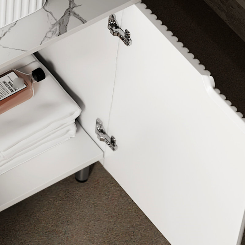 Meuble de salle de bain autoportant de style moderne 30 po, élégance scandinave, comptoir blanc, deux portes à panneaux, noyau en particules de bois massif, porte avec mécanisme de fermeture en douceur sans lavabo,