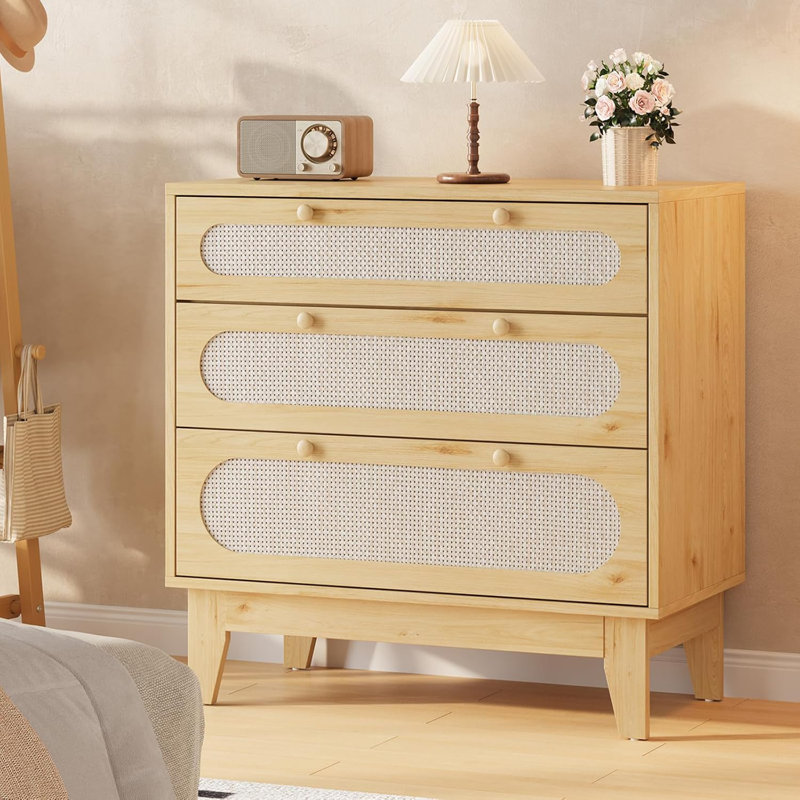 Commode 3 tiroirs en rotin pour chambre à coucher, commode en bois moderne avec poignées pour chambre à coucher, conception anti-basculement, couloir et salon