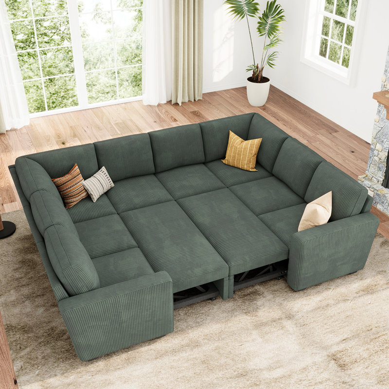 Latitude Run® Modular Sleeper Sectional Sofa Convertible U Shaped Sofa Bed, Green Couduroy
