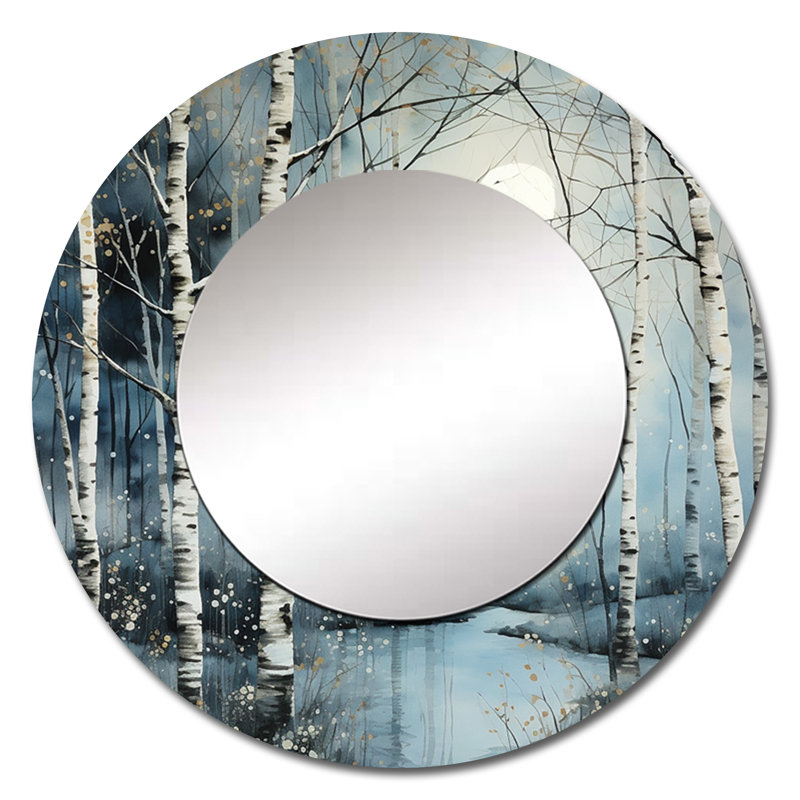 Birch Woods Mystic Moonlight II - décor de miroir mural unique en bouleau, grand miroir rond bleu, impression d'art en métal