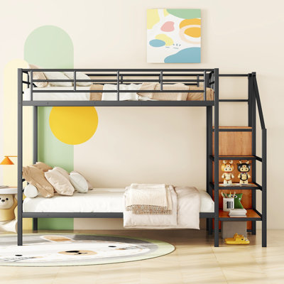 Metal Bunk Bed with Lateral Storage Ladder and Wardrobe