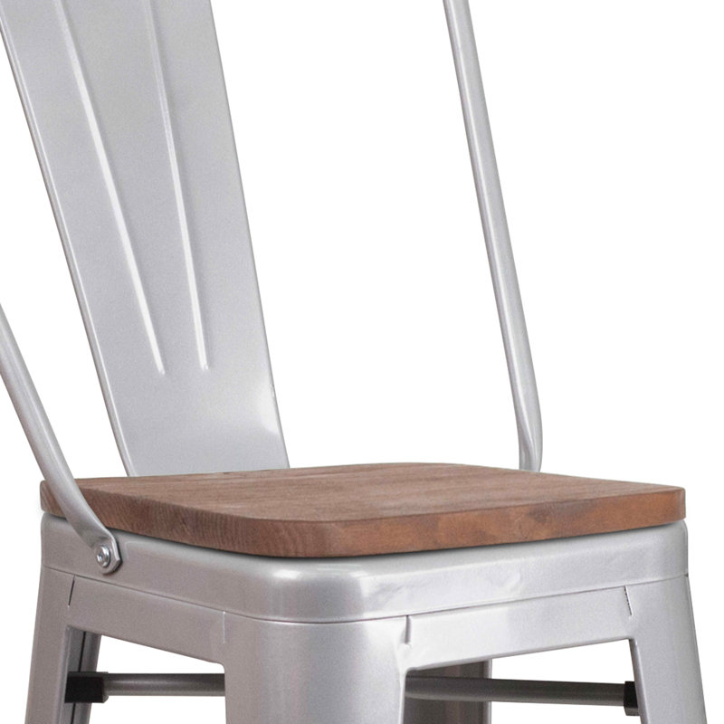 Tabouret de bar ou de comptoir en métal Marian avec dossier et siège en bois Marian, Argent, 1