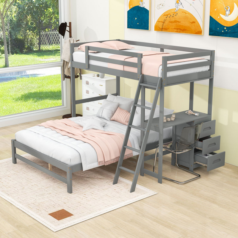 Twin Over Full Bunk Bed With Desk And Drawers,Ladder, Grey