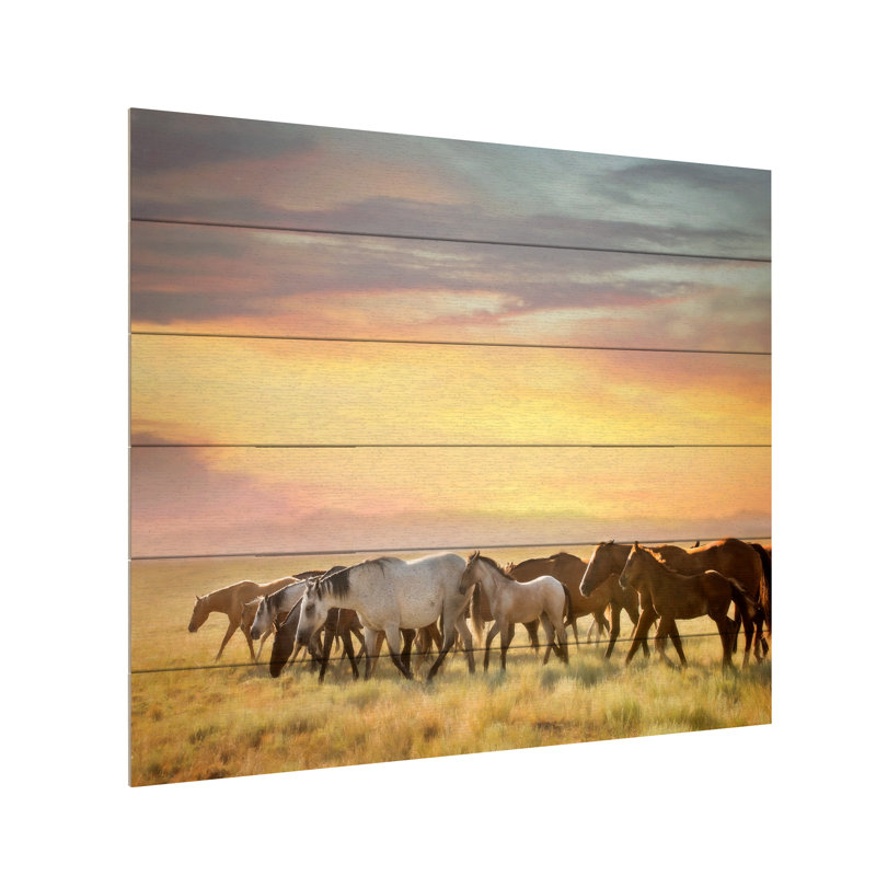 PHBurchett «Sunkissed Horses I», art en lattes de bois, L 22 po x H 18 po