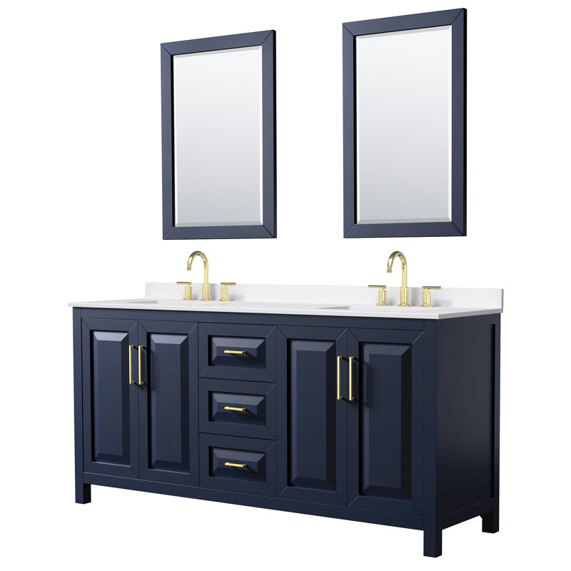 Daria 72'' W Vanity, White Quartz, Blue, Brushed Gold