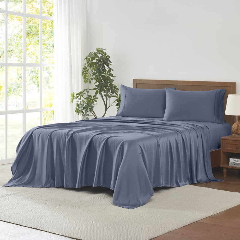 Ensemble de draps 4 pièces 100% Tencel Lyocell, Bleu, Grand